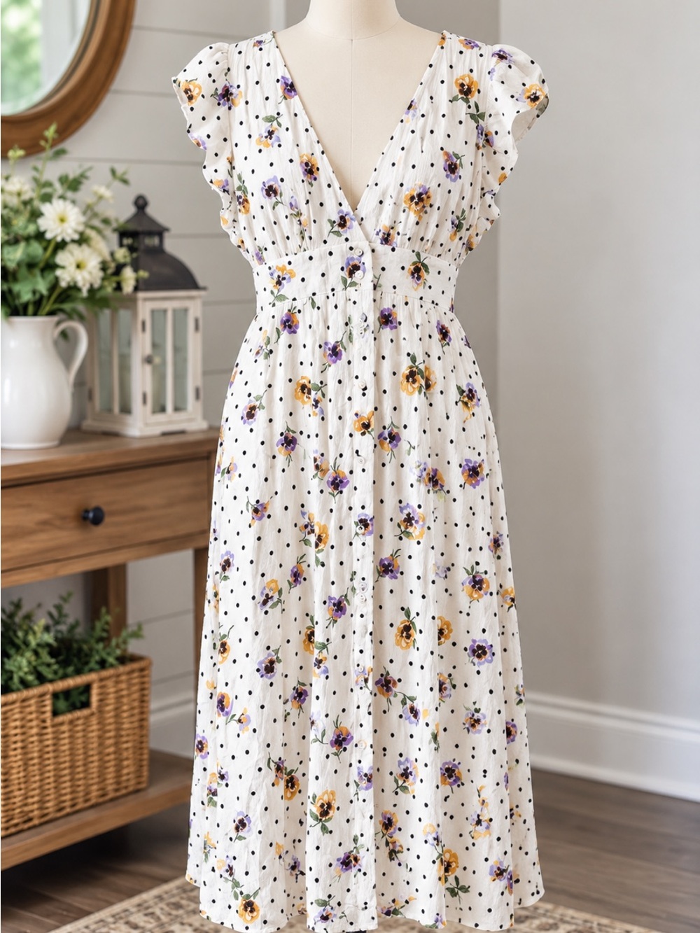 Forever 21 White Floral & Polka Dot V‑Neck Midi Dress